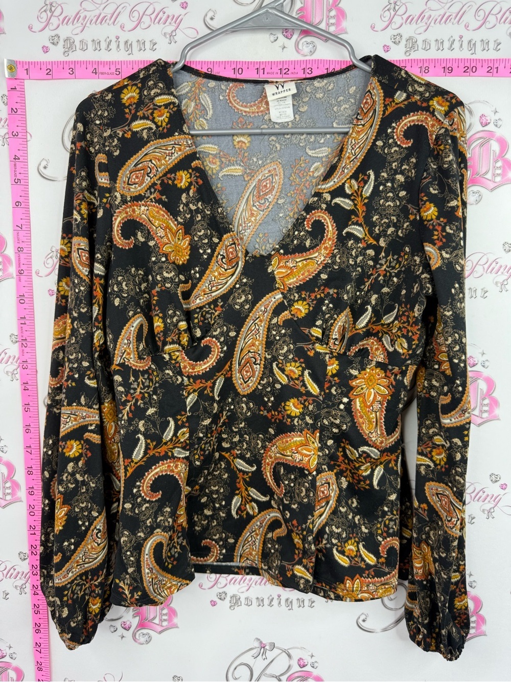 Wrapper top Black Paisley V-Neck Long Sleeve Blouse with Orange & Gold Accents